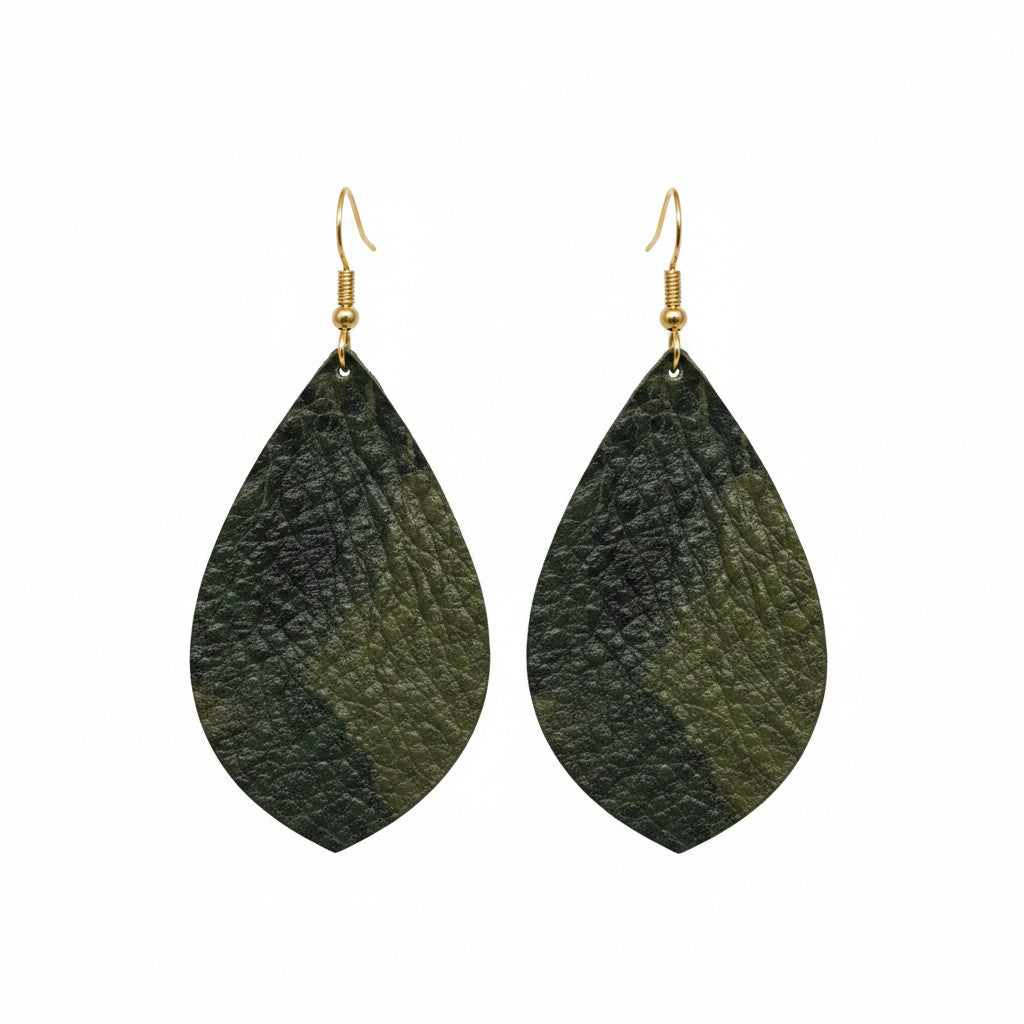 Genuine Camo Leaf Leather Earrings