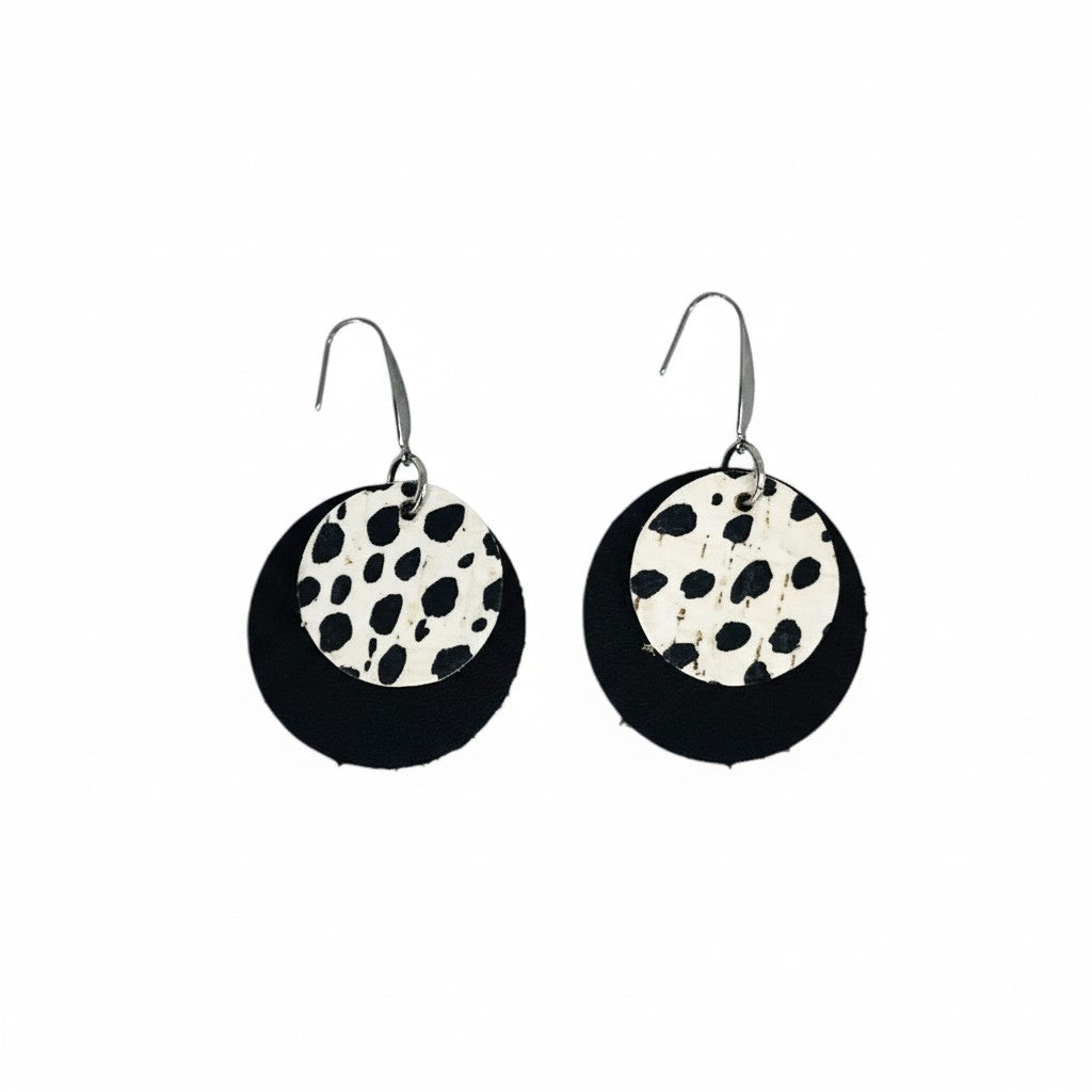 Black & Mini Cheetah Cork Layered Circle Earrings