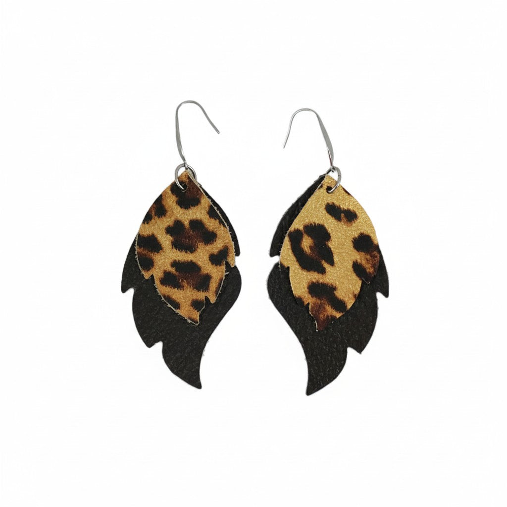 Midnight Leopard Layered Leaf Earrings