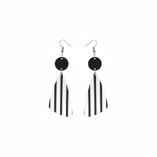 Black & White Stripe Circle Drop Leather Earrings