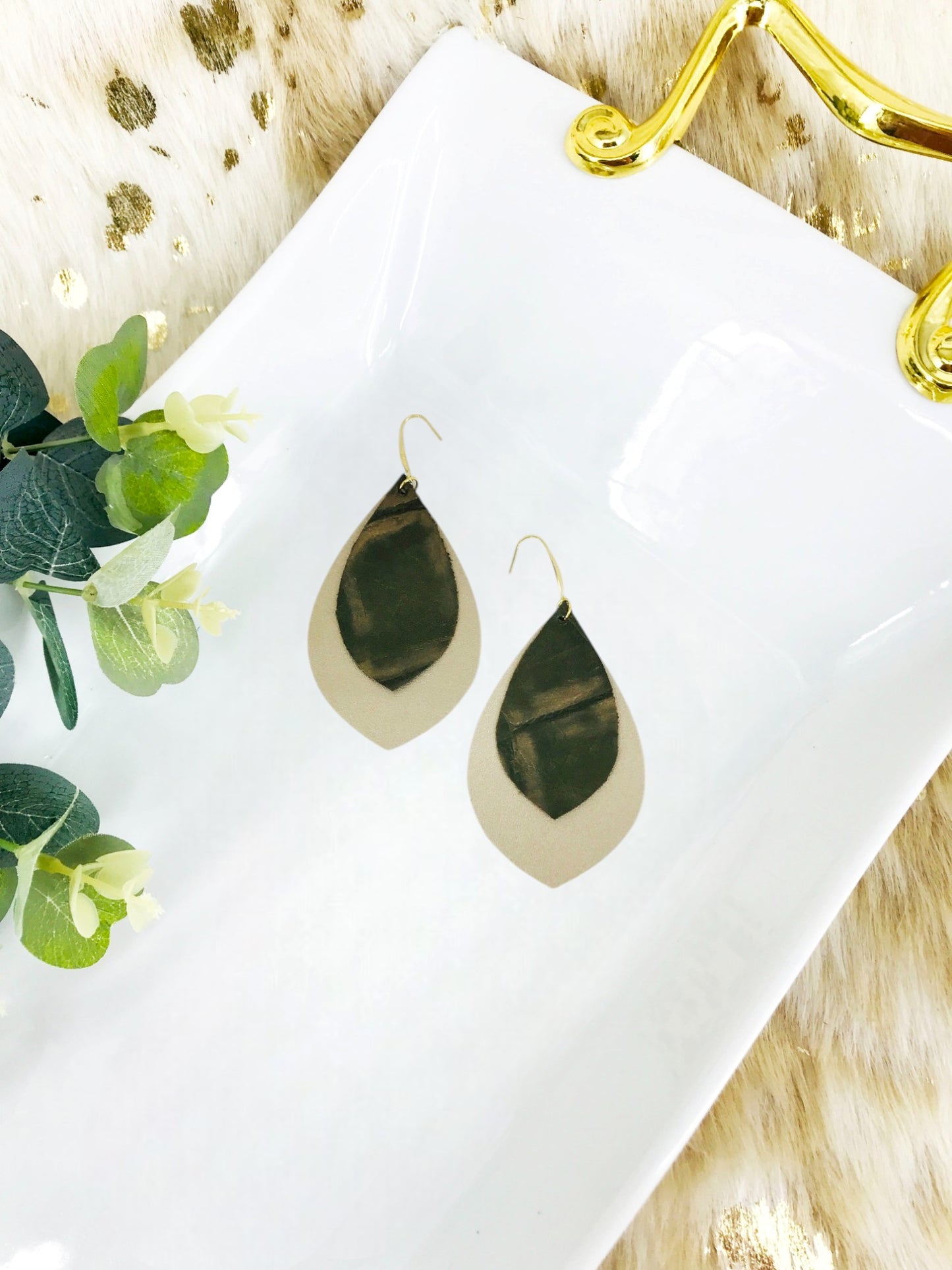 Metallic Gold and Green Genuine Leather Earrings - E19-1925