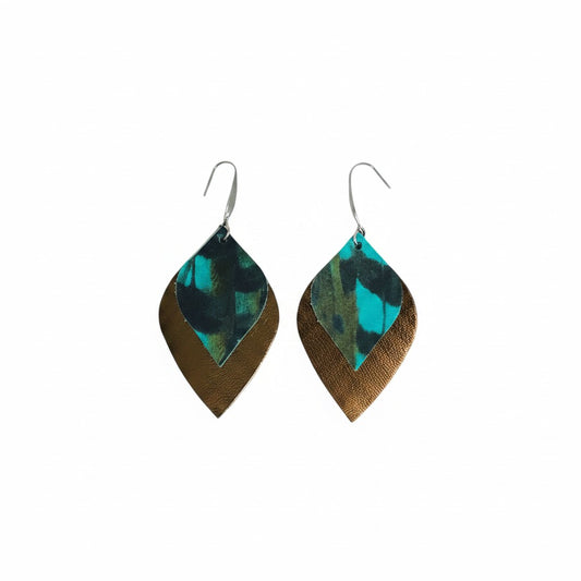 Aqua Pheasant & Bronze Layered Leather Earrings