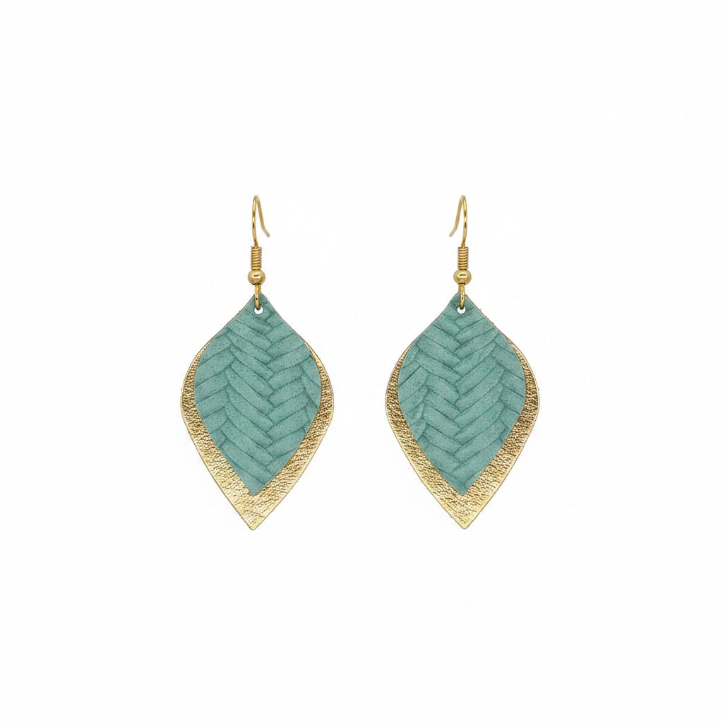 Sea Foam Fishtail & Gold Layered Leather Earrings