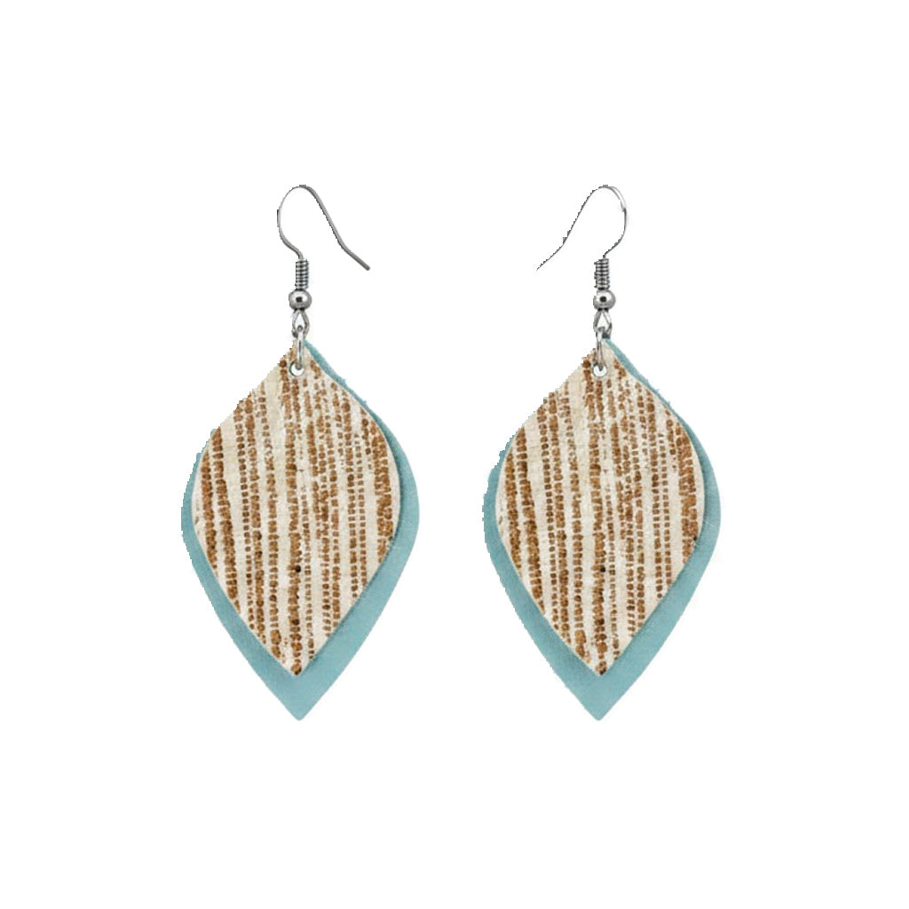 Rose Gold Striped Ice Blue Layered Leather Earrings