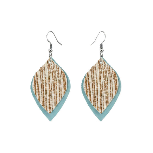 Rose Gold Striped Ice Blue Layered Leather Earrings