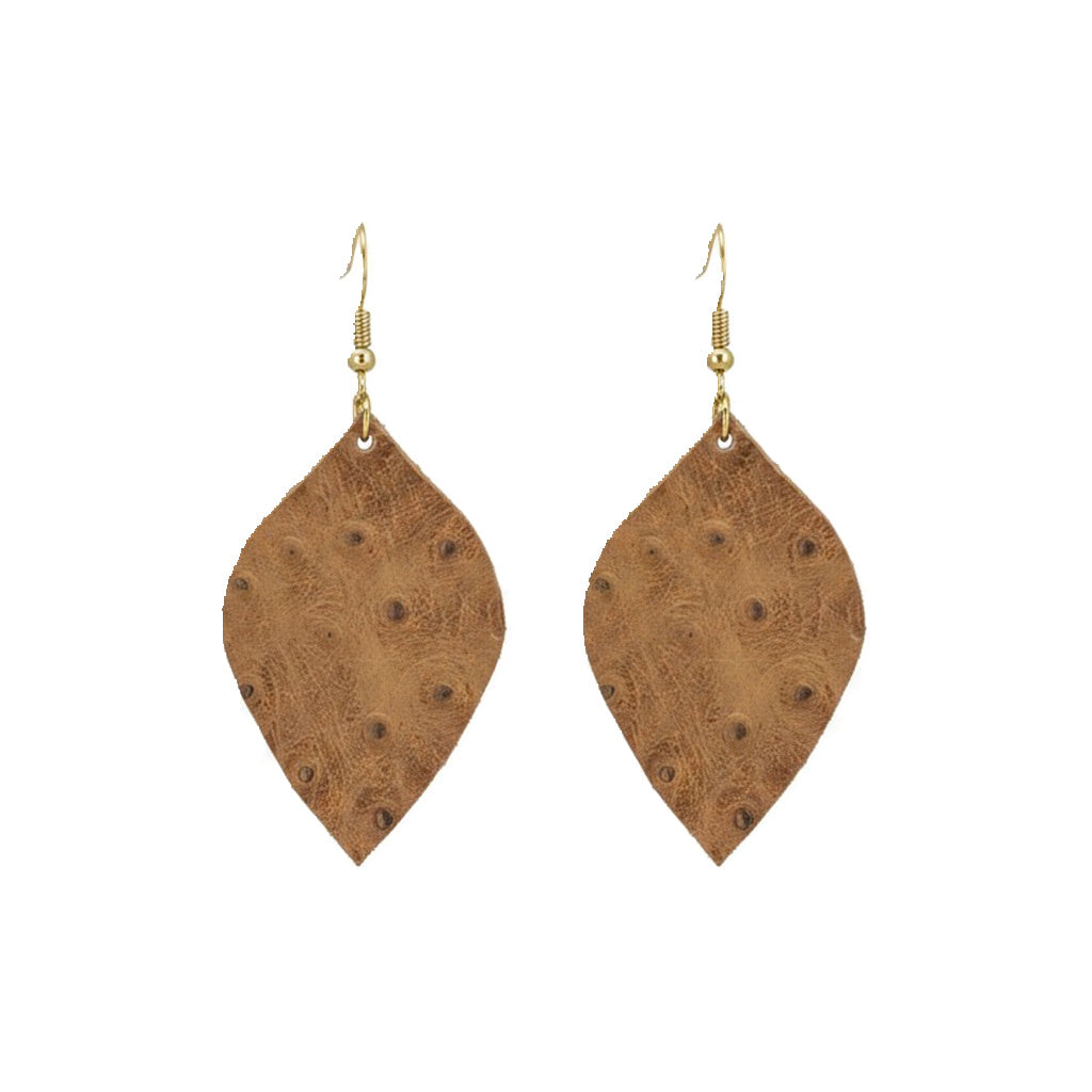 Pecan Rustic Ostrich Marquis Leather Earrings