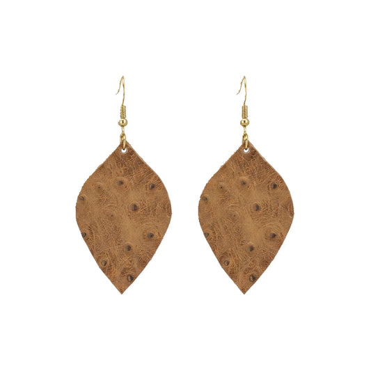 Pecan Rustic Ostrich Marquis Leather Earrings