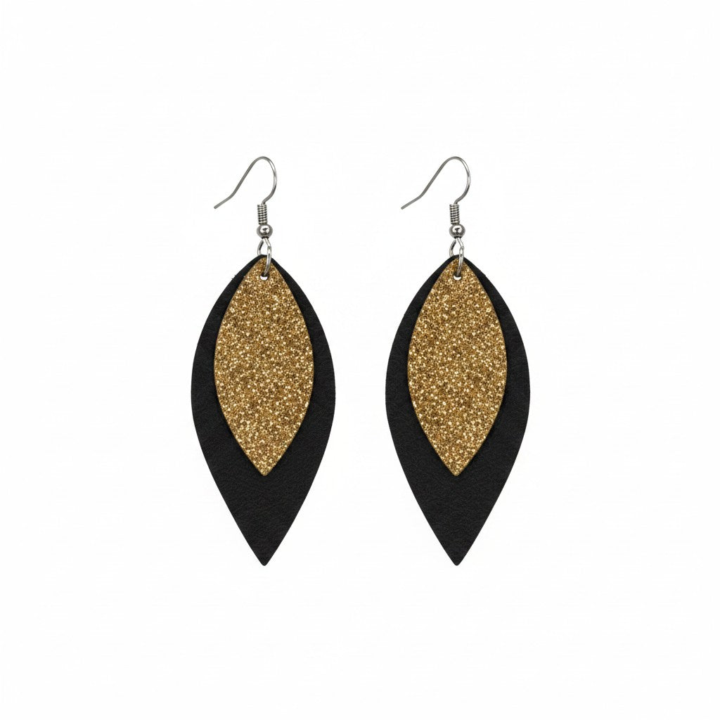 Black Duchess Vintage Gold Halo Layered Leather Earrings