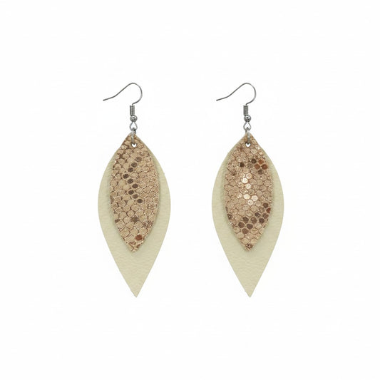 Egg Shell & Rose Gold Layered Leather Earrings