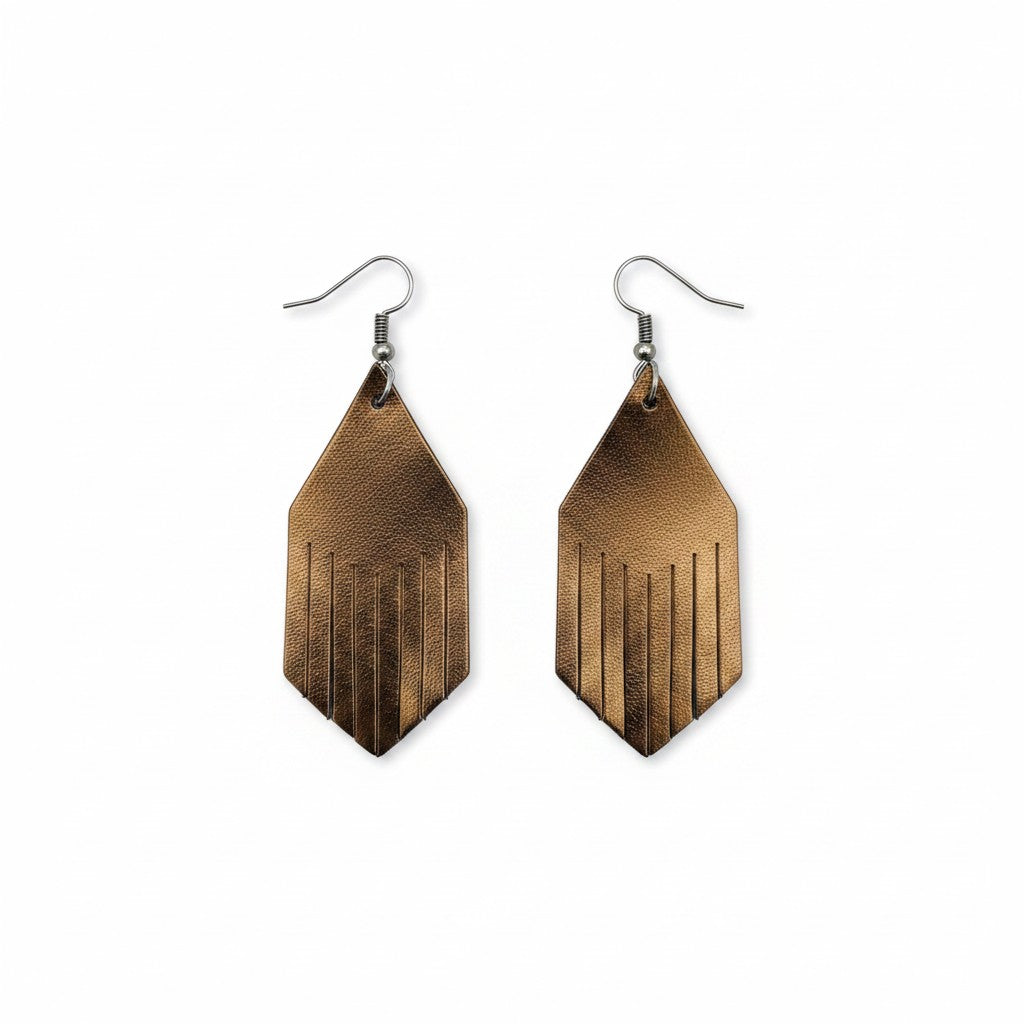 Bronze Metallic Fringe-Cut Leather Earrings