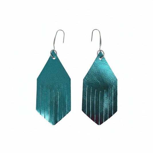 Turquoise Metallic Fringe-Cut Leather Earrings