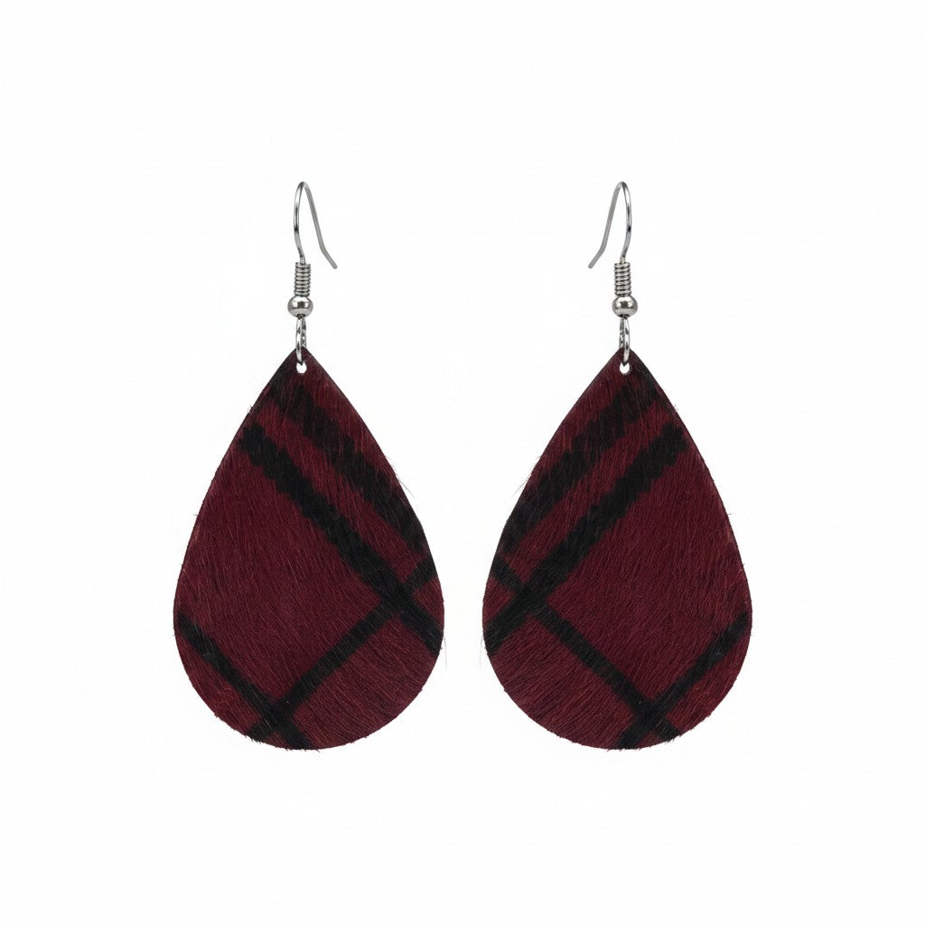 Burgundy Plaid Teardrop Earrings