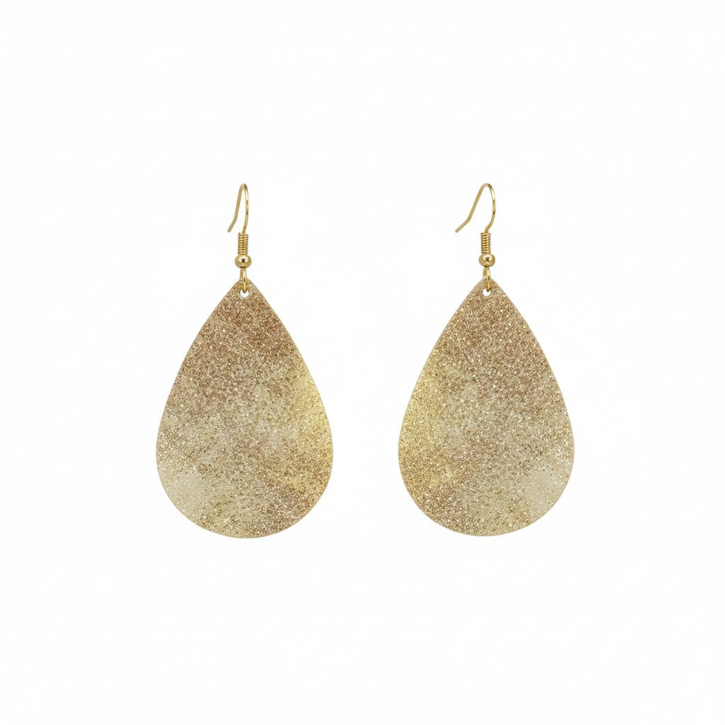 Distressed Gold Sparkle Teardrop Leather Earrings