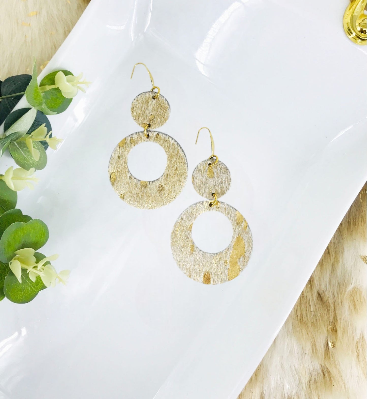 Hair On Metallic Gold Leather Earrings - E19-1974
