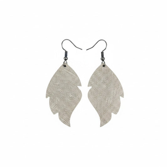 Italian Platinum Saffiano Curved Leaf Leather Earrings