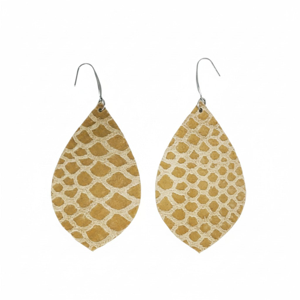 Large Tan Snake Leather Leaf Earrings