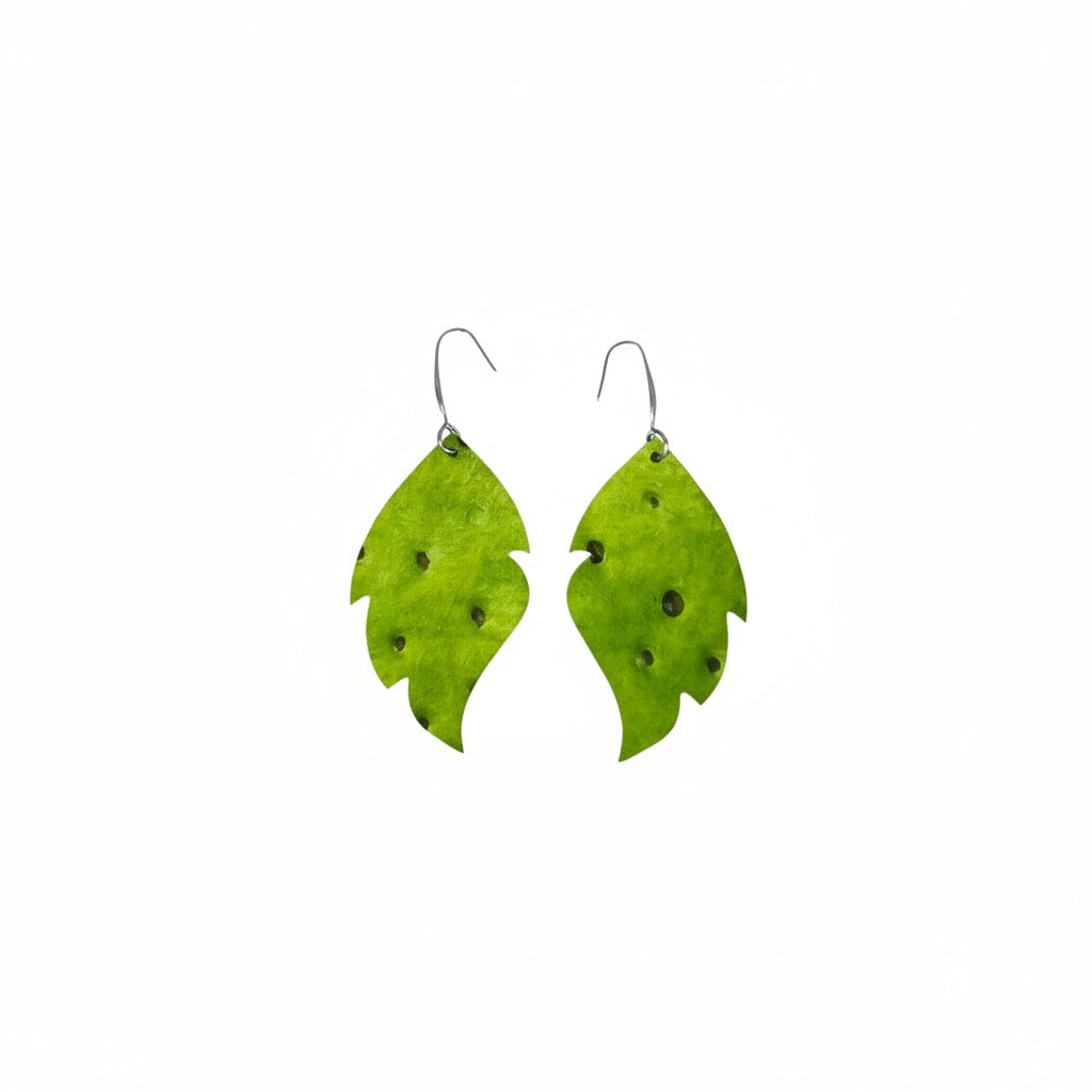 Green Ostrich Curved Leaf Leather Earrings