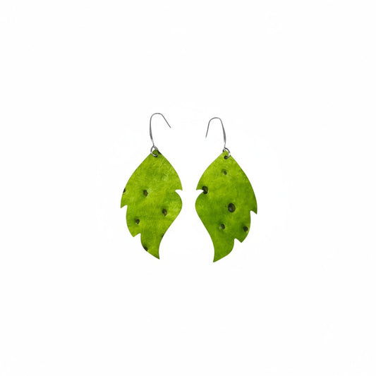 Green Ostrich Curved Leaf Leather Earrings