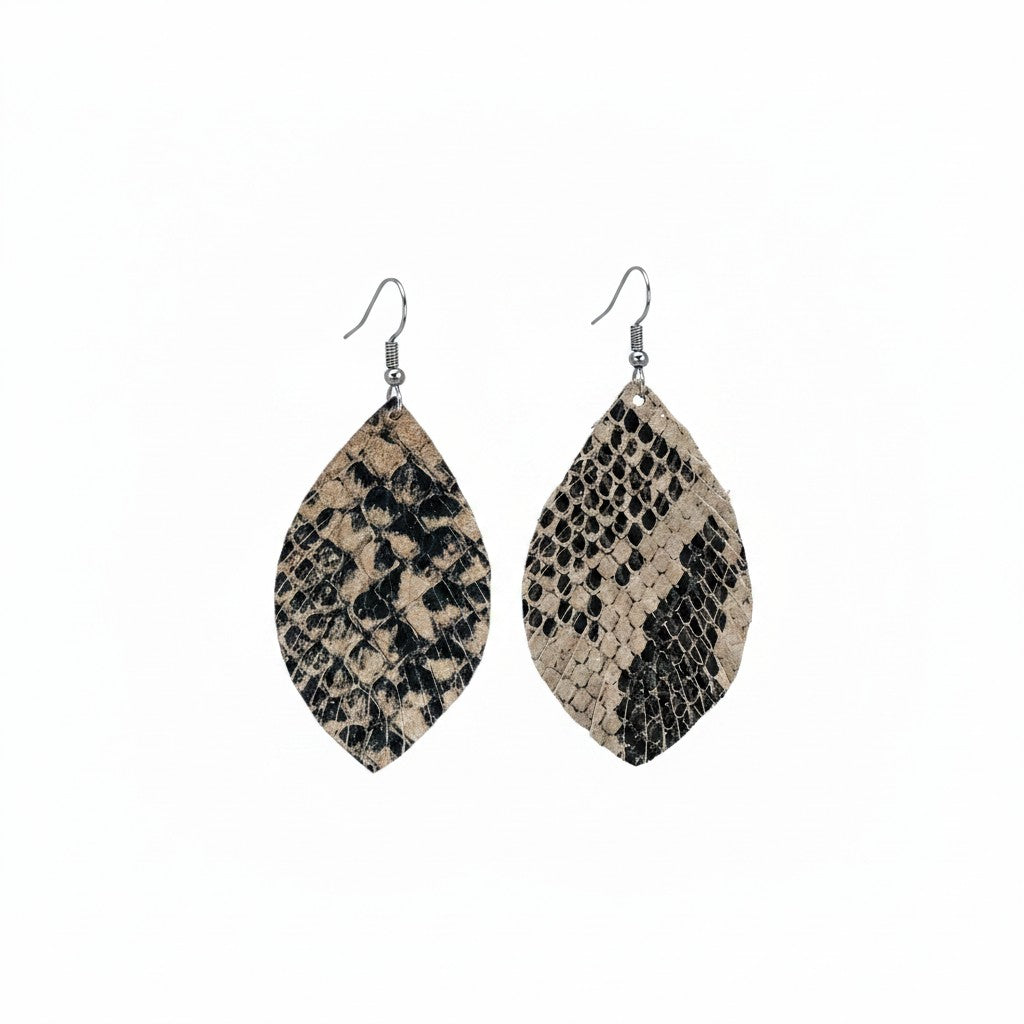 Taupe Black Snake Leather Earrings
