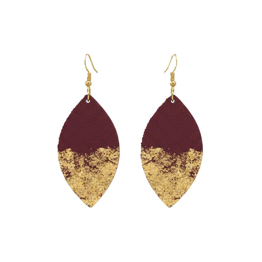 Hand Painted Burgundy Gold Marquis Leather Earrings