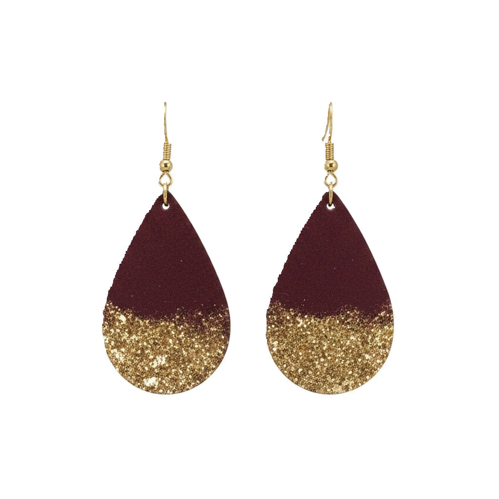 Hand Painted Burgundy Gold Sparkle Teardrop Leather Earrings
