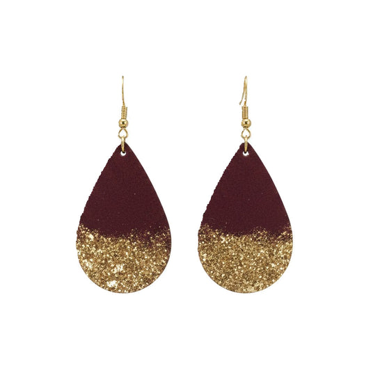 Hand Painted Burgundy Gold Sparkle Teardrop Leather Earrings