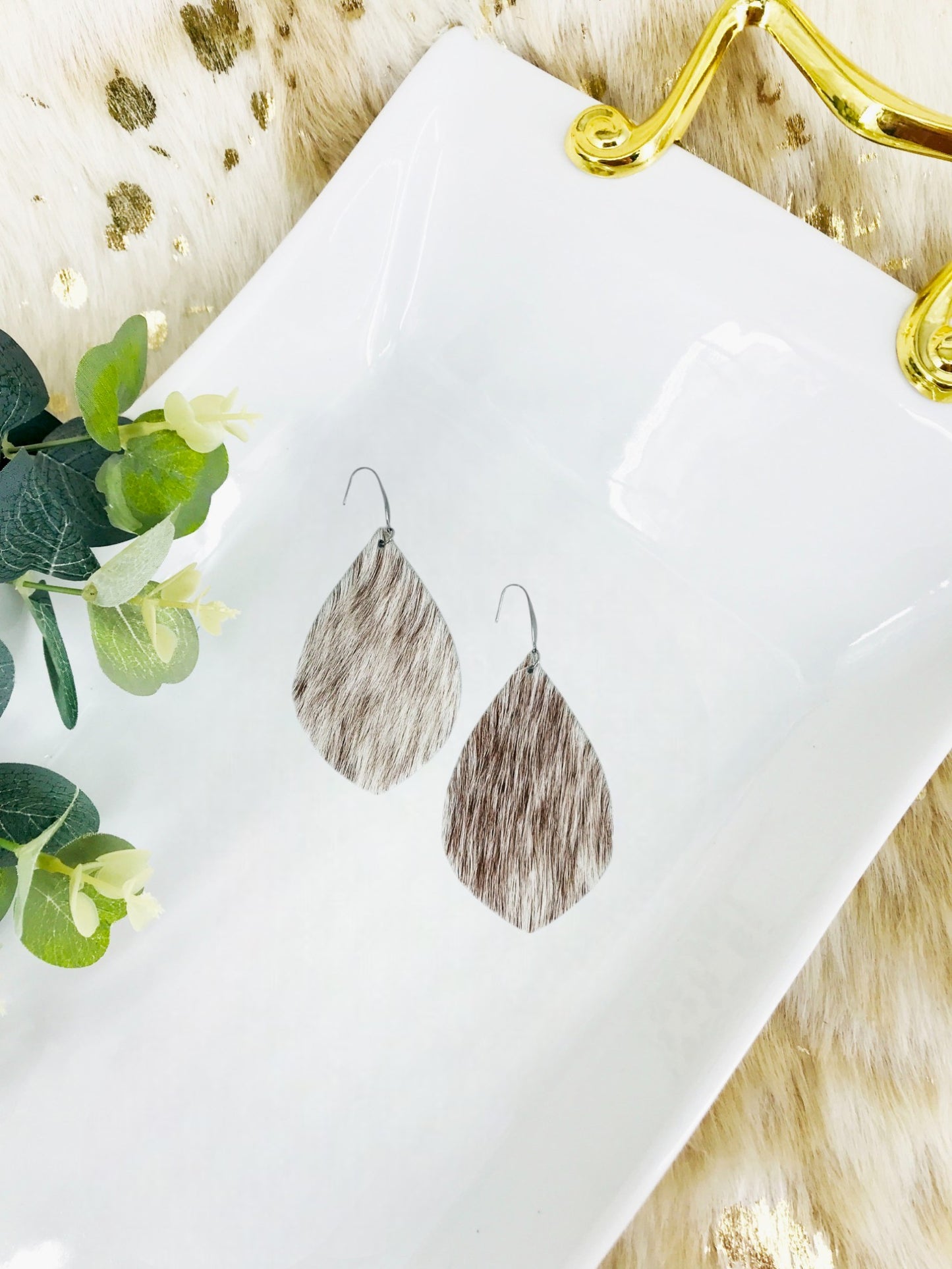 Hair On Brown & White Leather Earrings - E19-2053