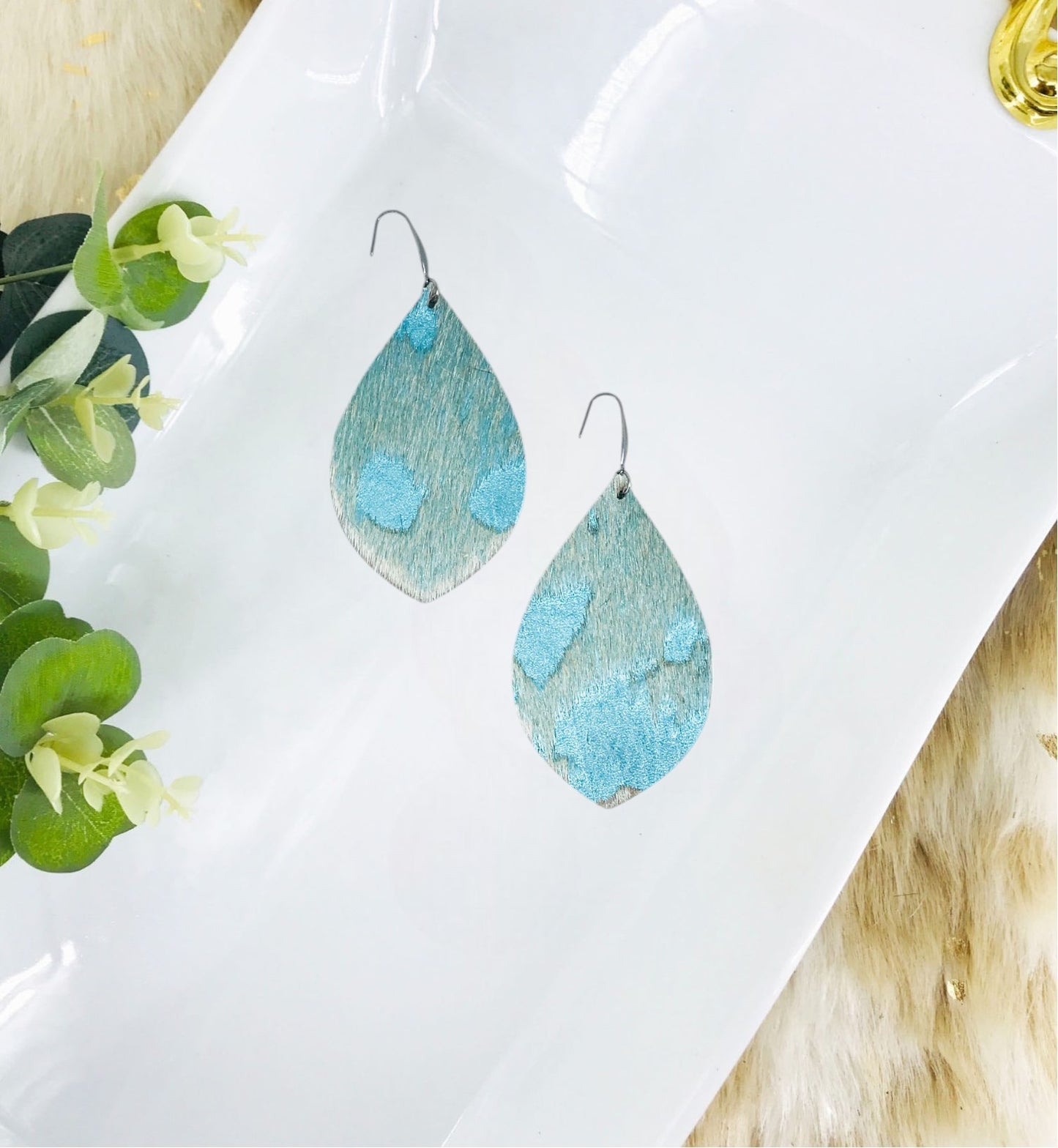 Hair On Turquoise Metallic Leather Earrings - E19-2055