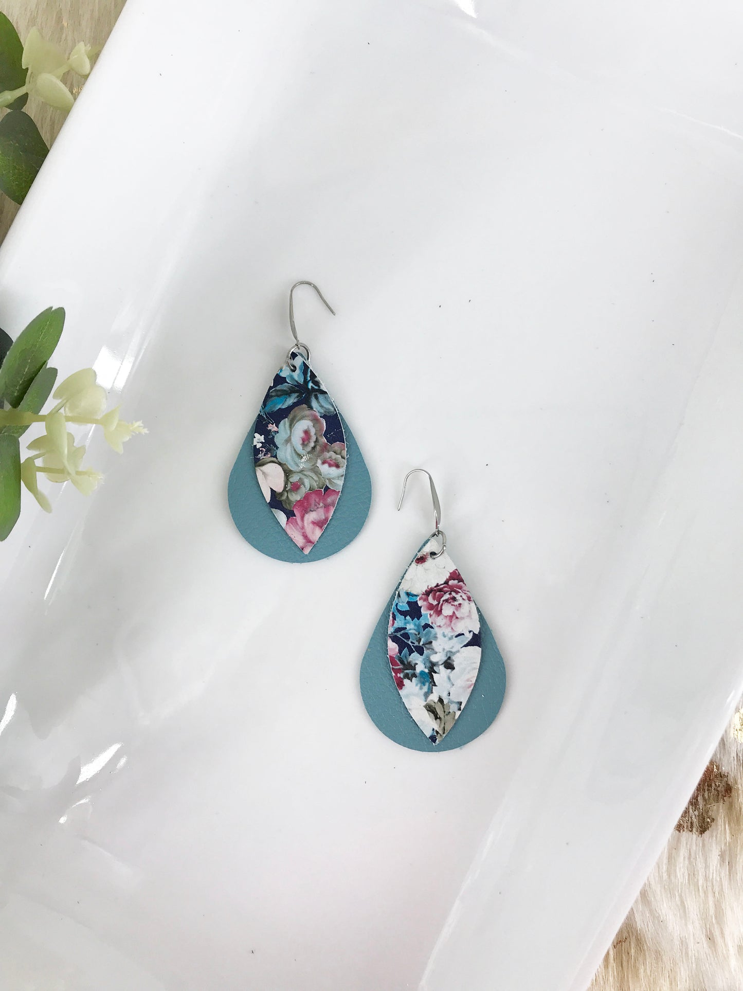 Peacock Blue Genuine Leather Earrings - E19-205