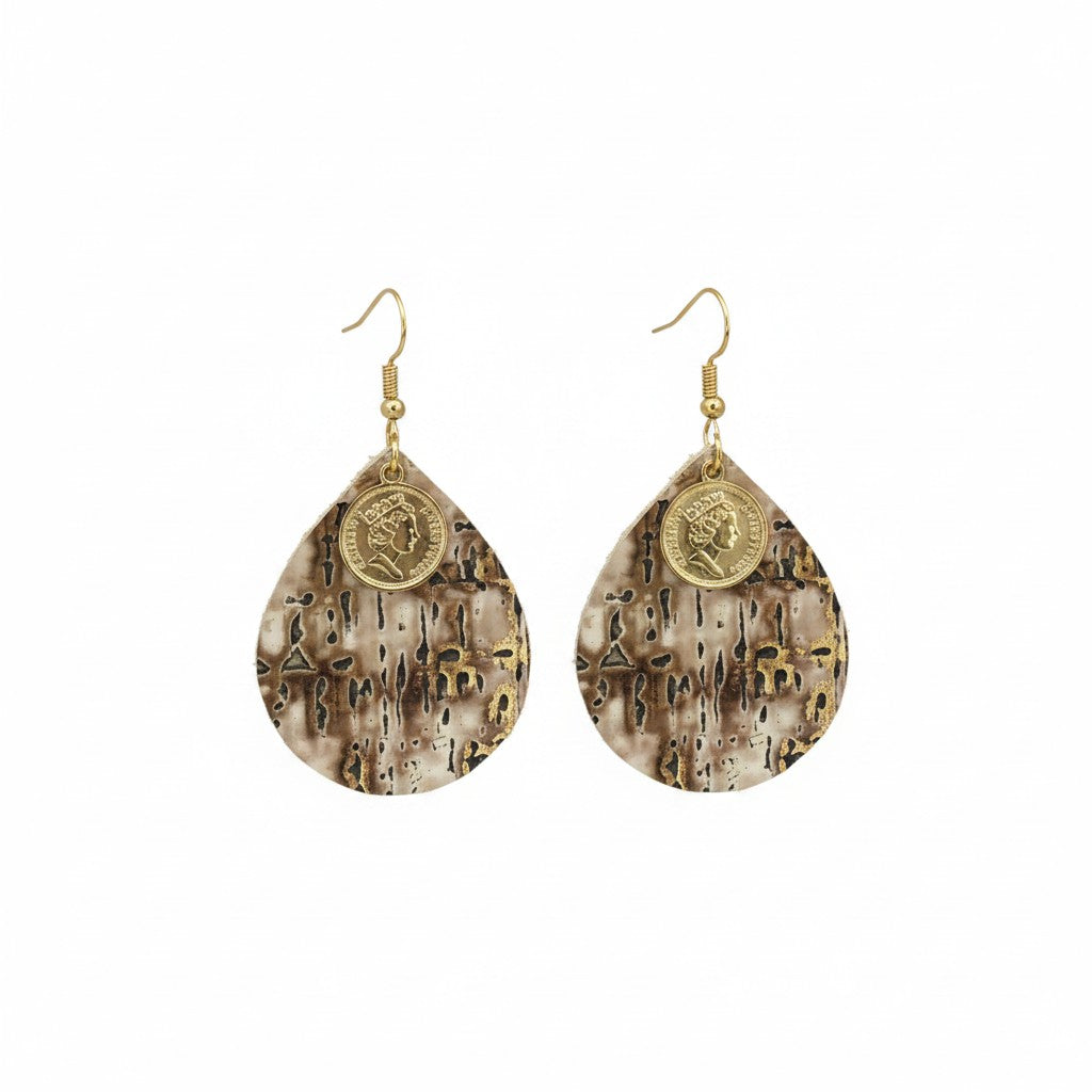 Driftwood Bark Coin Teardrop Leather Earrings
