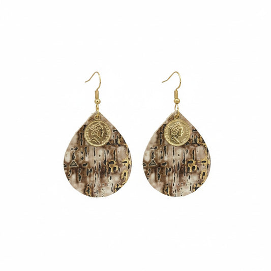 Driftwood Bark Coin Teardrop Leather Earrings