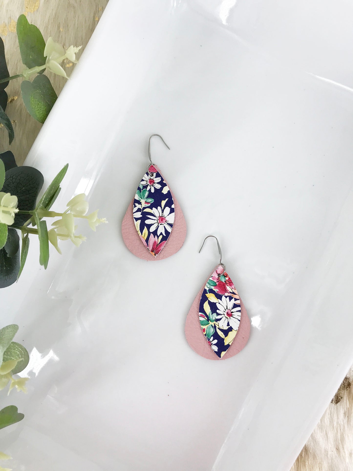 Pink and Floral Layered Leather Earrings - E19-209