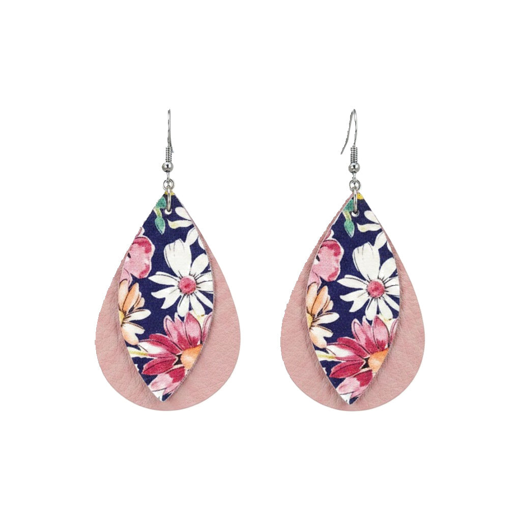 Pink and Floral Layered Leather Earrings - E19-209