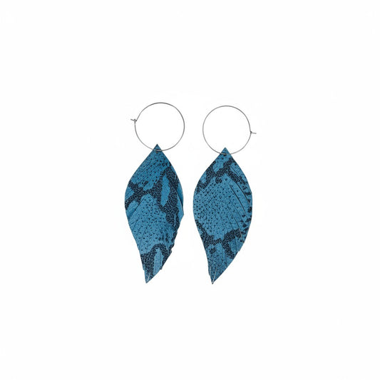Blue Snake Leather Fringe Hoop Earrings