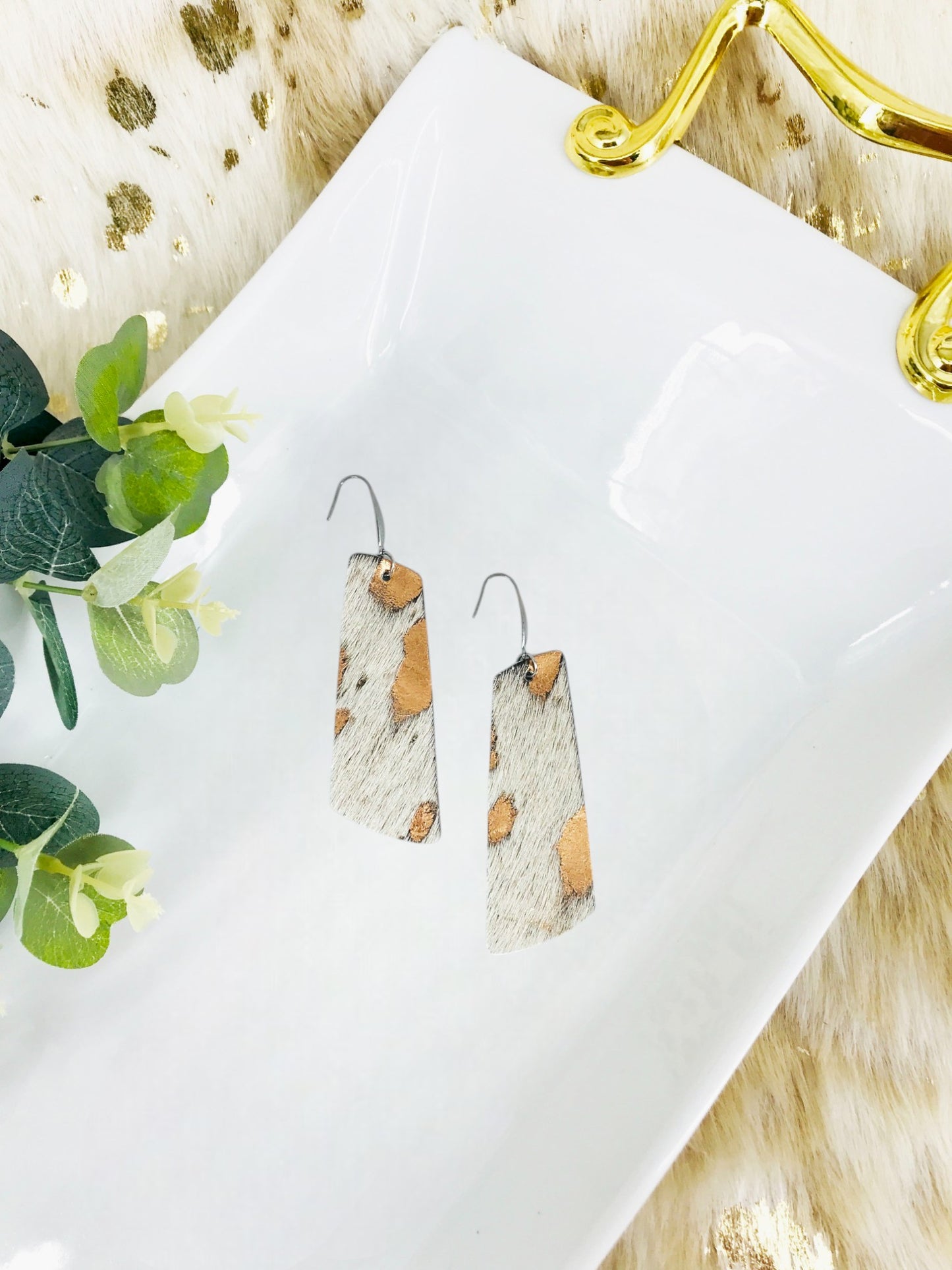 Hair On Metallic Rose Gold Leather Earrings - E19-2132