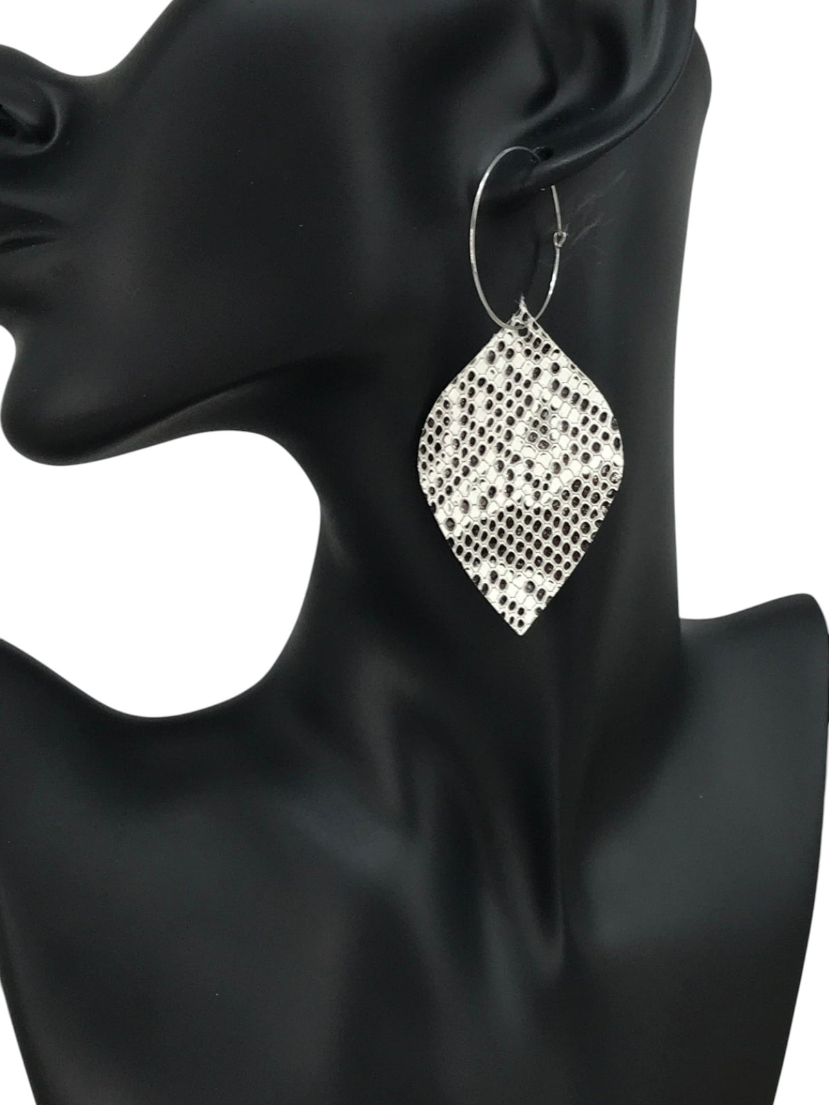 Beige and Gray Snake Leather Hoop Earrings