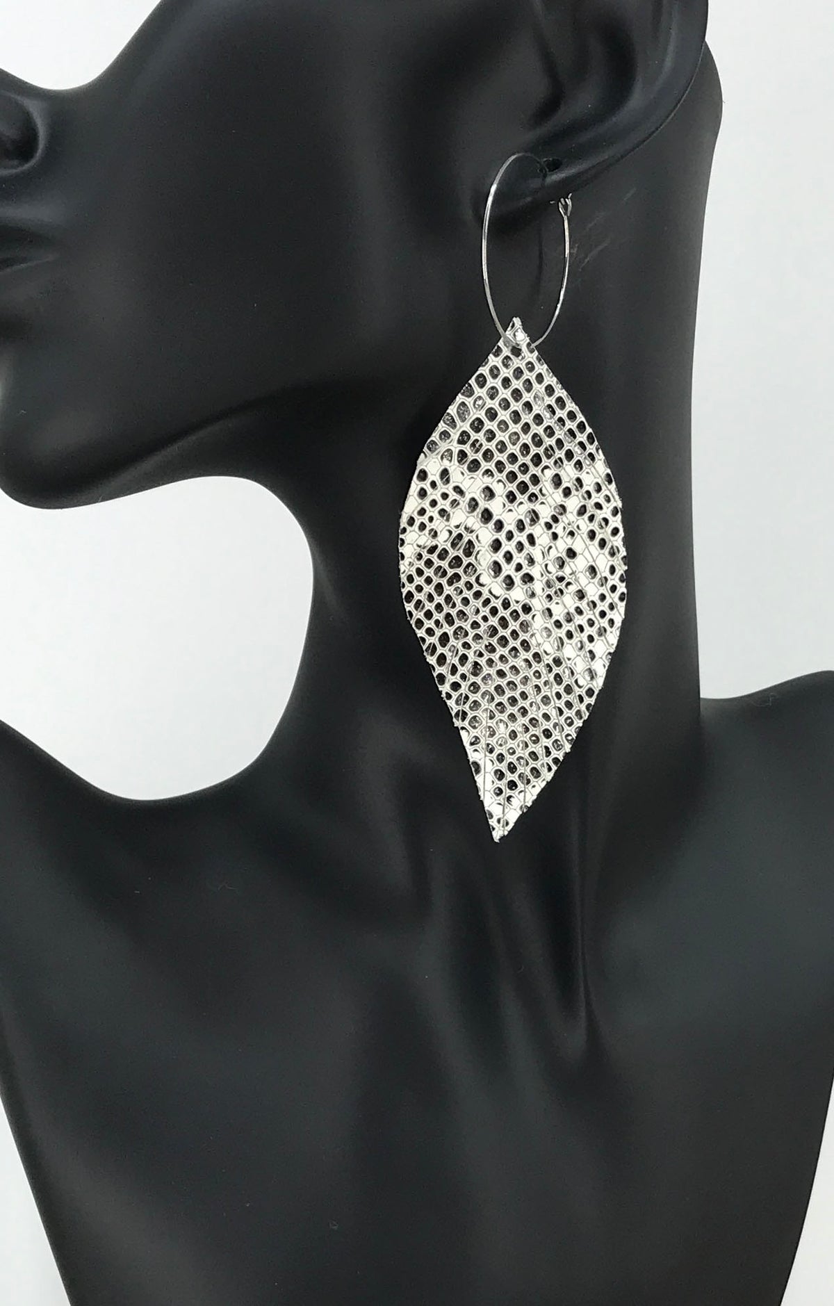 Beige and Gray Snake Leather Hoop Earrings