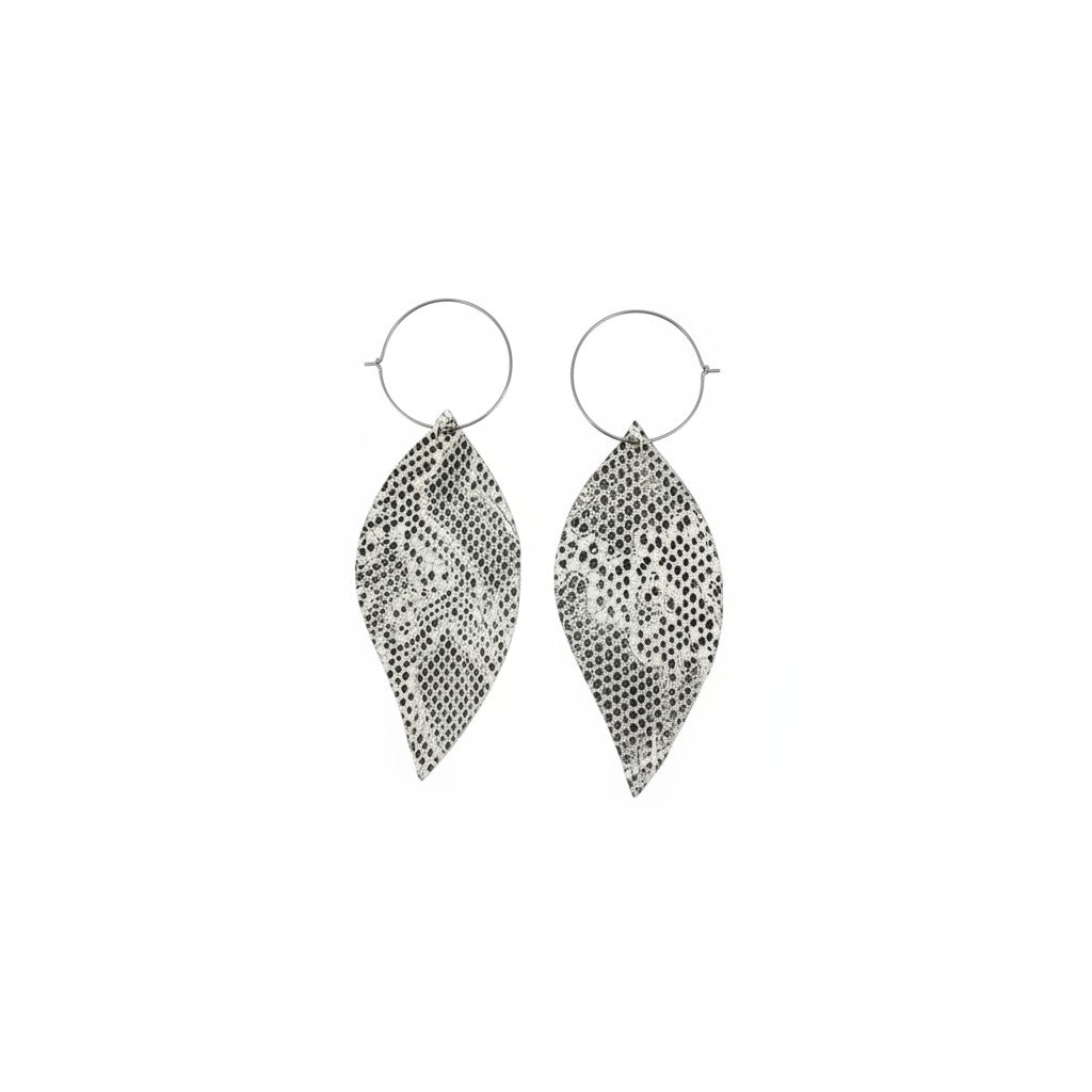 Beige and Gray Snake Leather Hoop Earrings