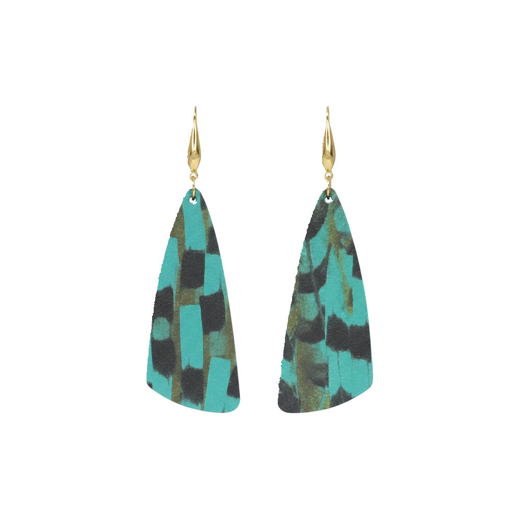 Aqua Pheasant Feather Angled Bar Leather Earrings