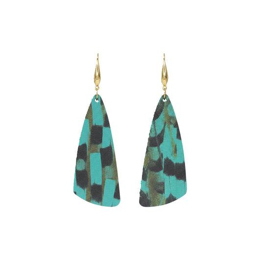 Aqua Pheasant Feather Angled Bar Leather Earrings