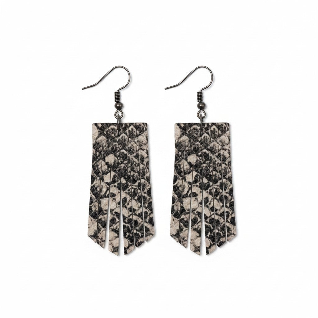 Black and Beige Snake Leather Fringe Earrings