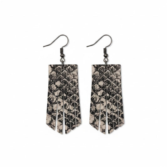 Black and Beige Snake Leather Fringe Earrings