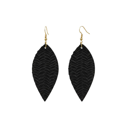 Black Braided Fishtail Leaf Leather Earrings