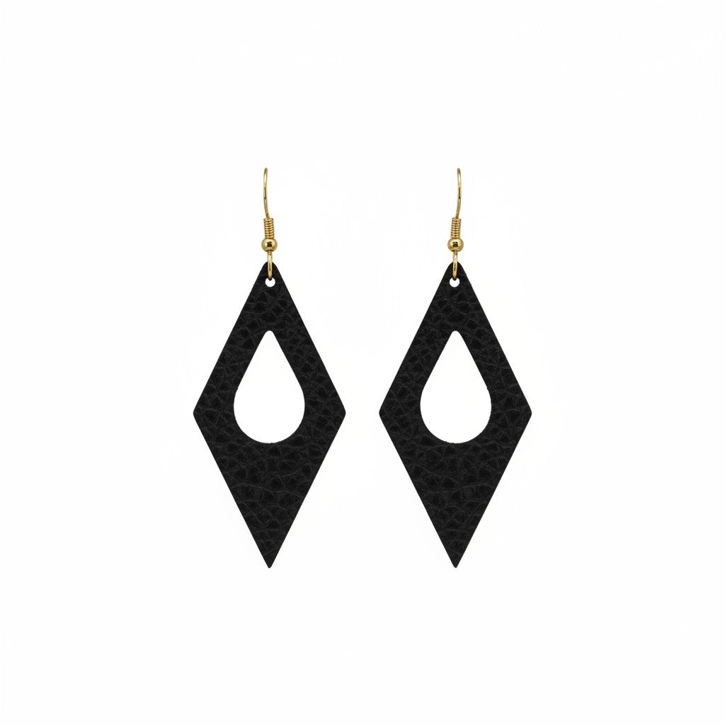 Black Braided Fishtail Open Diamond Leather Earrings
