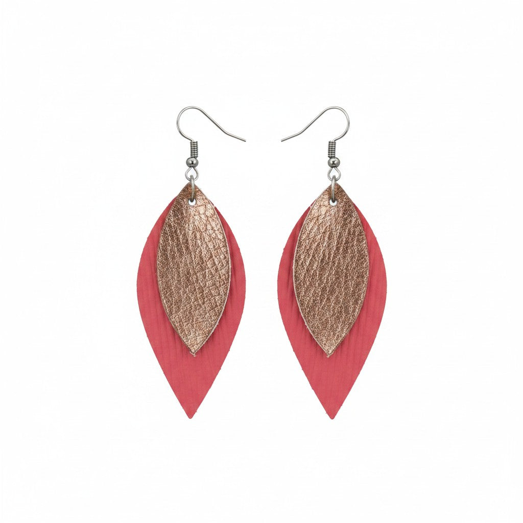 Living Coral Rose Gold Layered Leaf Leather Earrings
