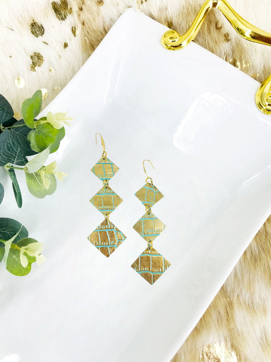 Gold Metallic Teal Crocodile Leather Hoop Earrings - E19-2161