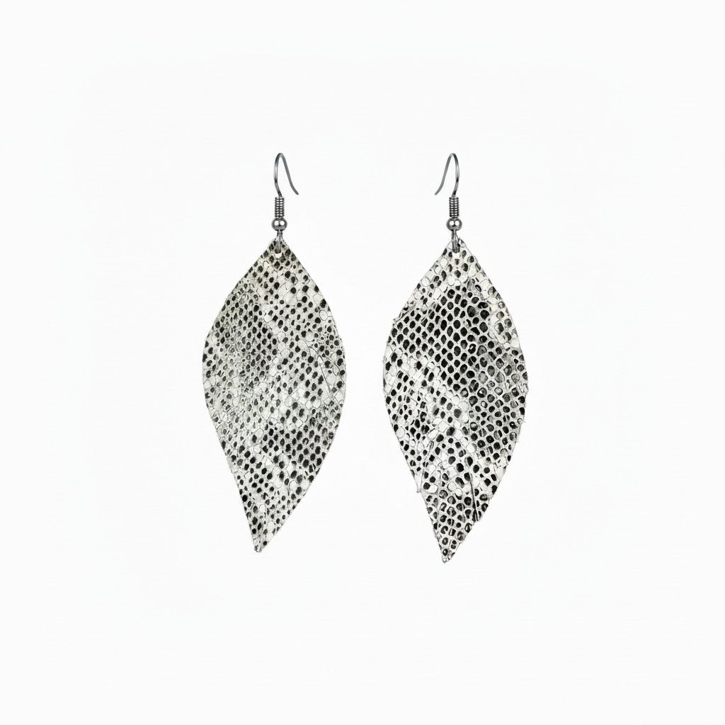 Beige and Gray Snake Fringe Leather Earrings