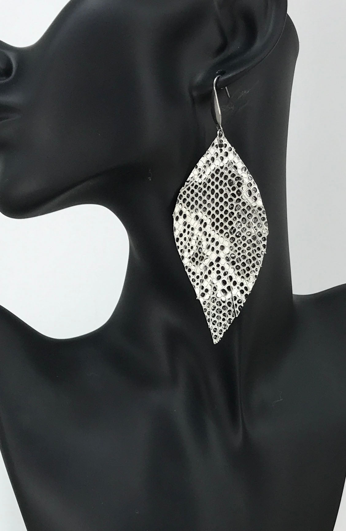 Beige and Gray Snake Fringe Leather Earrings