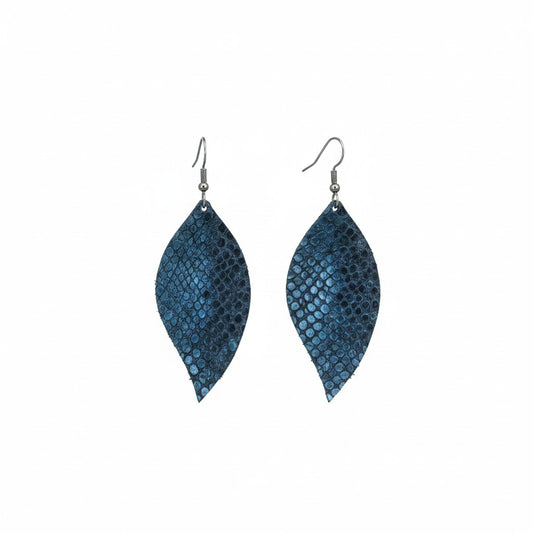 Metallic Blue Snake Leather Fringe Earrings