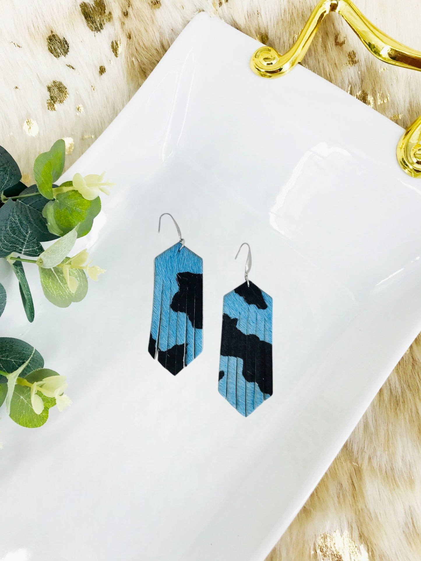 Blue and Black Hair On Leather Earrings - E19-2176